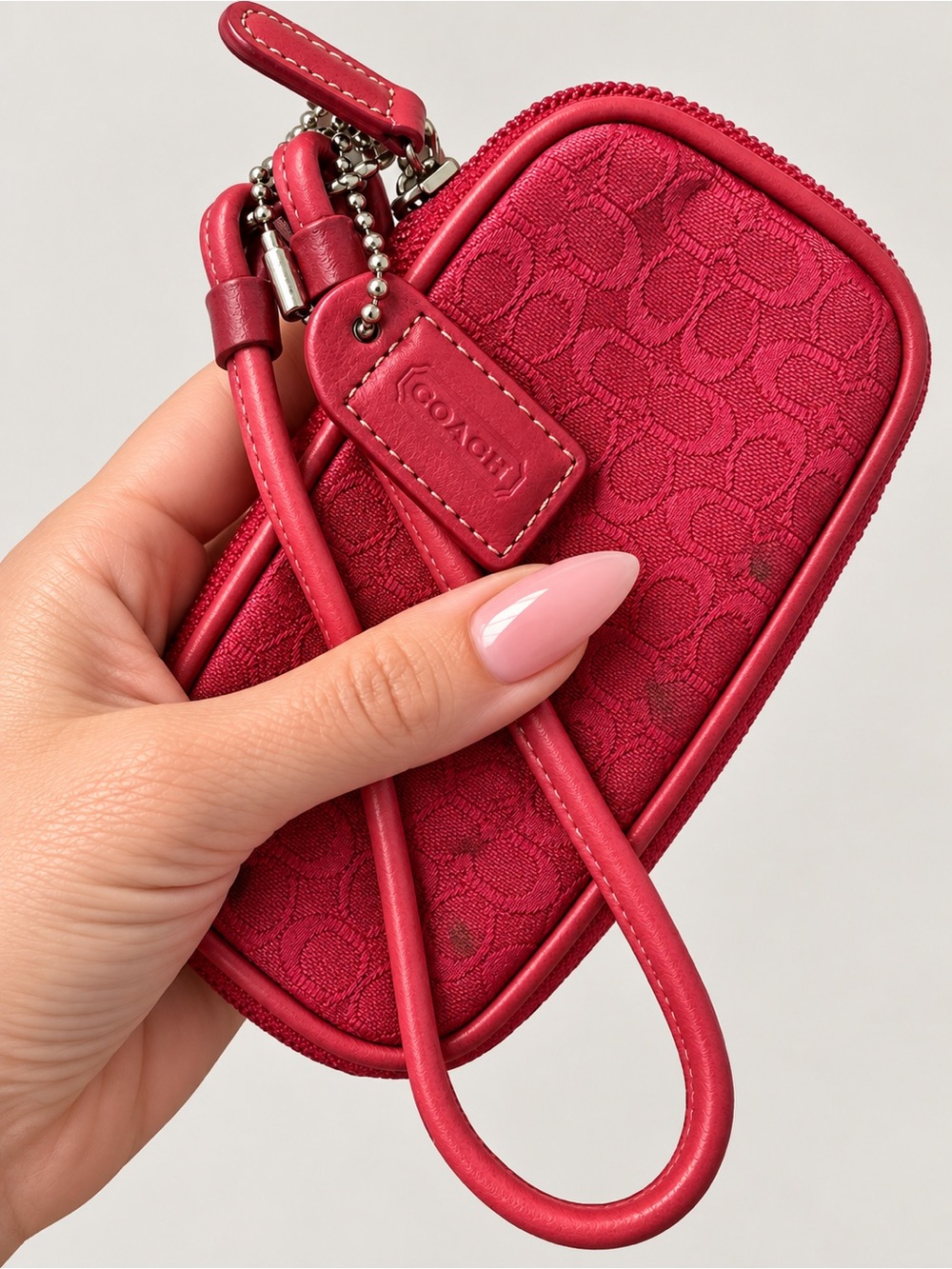 Vintage Coach Pink Signature Jacquard Wristlet Mini Bag Leather Trim Y2K